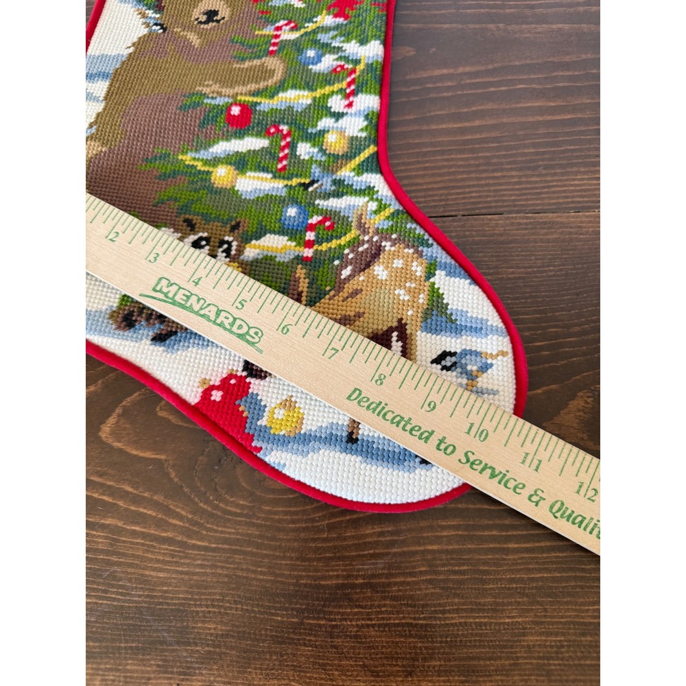 VTG Needlepoint Christmas Stocking Woodland Animals Bear Deer "Kyle" Red Velvet - Picture 5 of 9